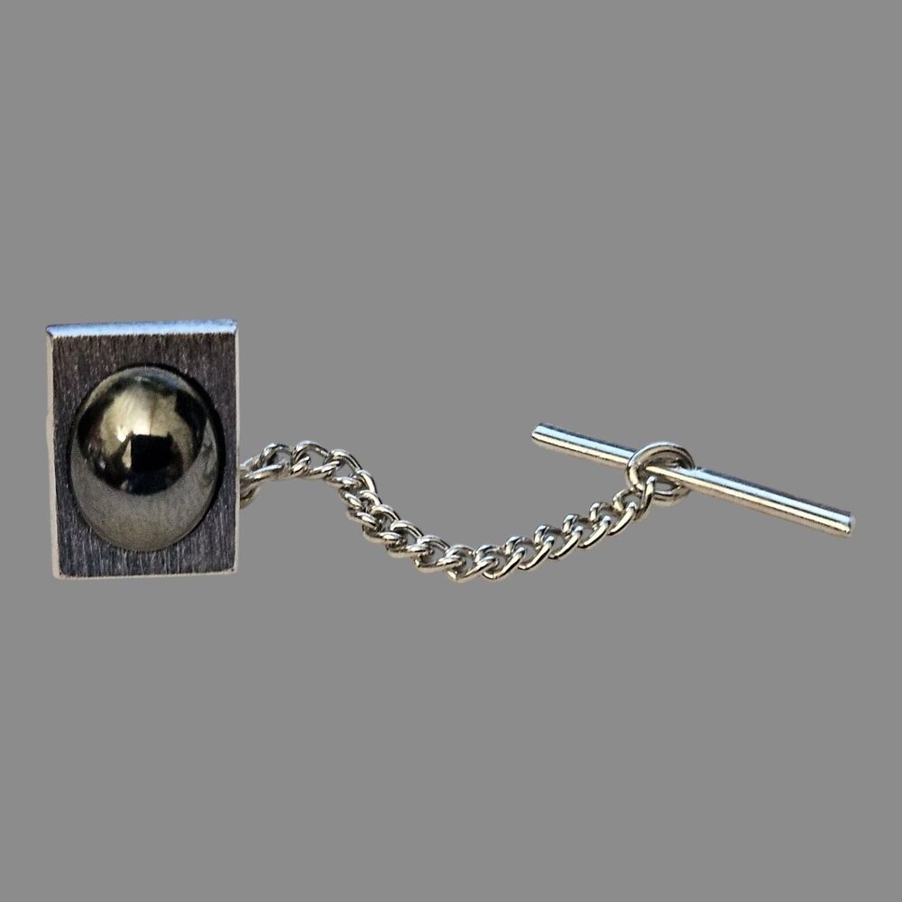 Sarah Coventry Men's Tie Tack Silver Tone Textured Square Ball & Chain Lapel Pin